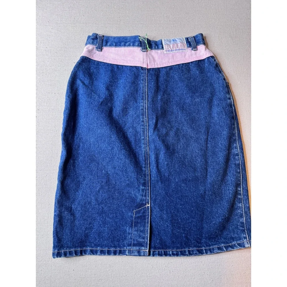 80s True Blue Denim Skirt Pink Waist High Rise Knee Length 27